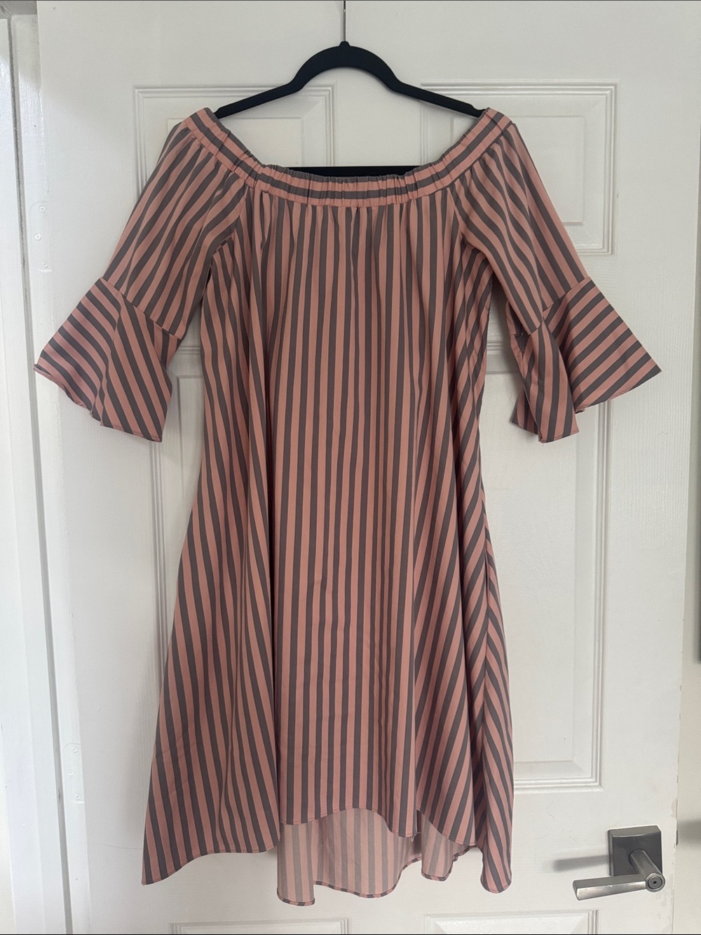 Off-Shoulder Pink and Gray Striped Women's Dress